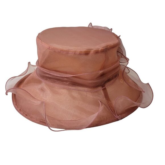 Dusty Rose Dress Hat Pink Organza Packable Ruffles Frilly Wedding Hat - Picture 3 of 15